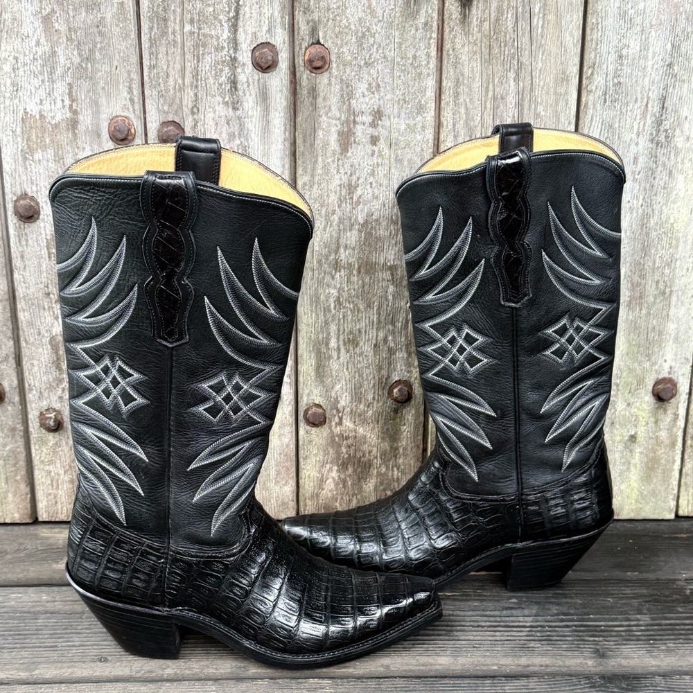 Black Western Croc-Embossed Leather Boots - Women